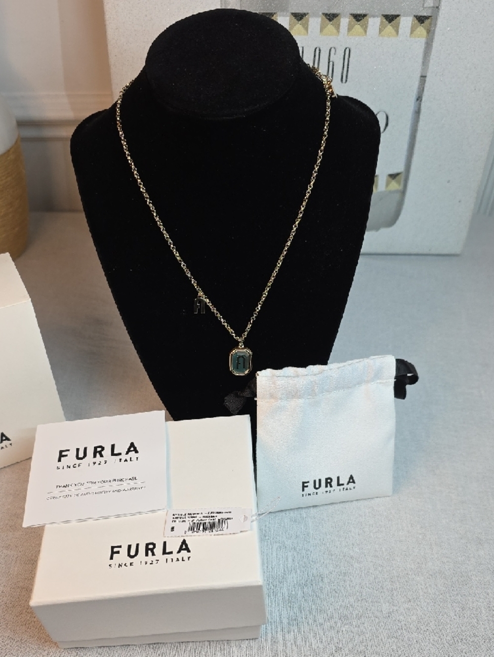 Furla Octagonal Green Logo Necklace - Picture 2 of 8
